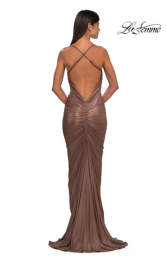 Picture of: Ruched Long Metallic Gown with Low Back and Criss Cross Straps in Bronze , Style: 32973, Detail Picture 2