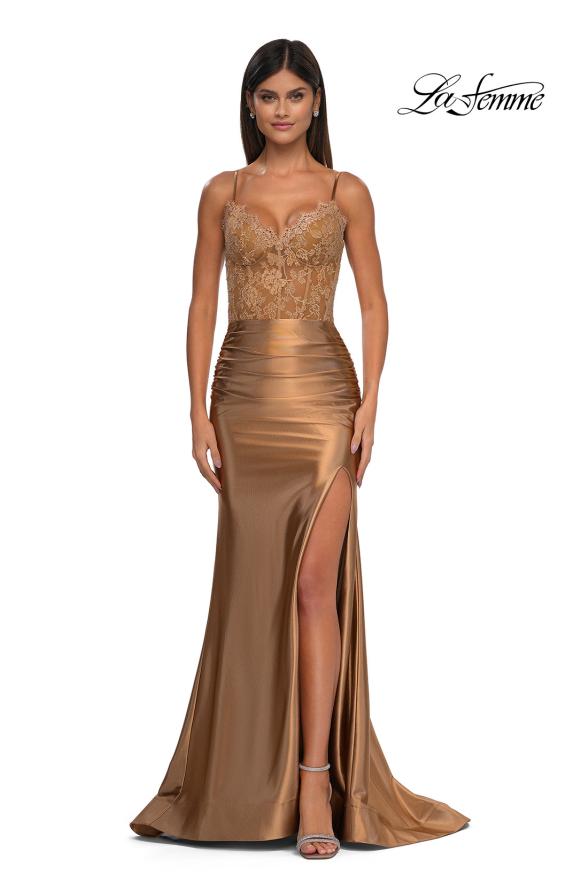 Picture of: Ruched Satin Evening Dress with Sheer Lace Top and Scallop Neckline in Bronze , Style: 32689, Detail Picture 3