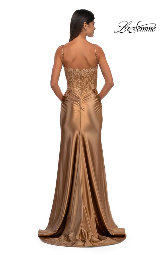 Picture of: Ruched Satin Evening Dress with Sheer Lace Top and Scallop Neckline in Bronze , Style: 32689, Detail Picture 4