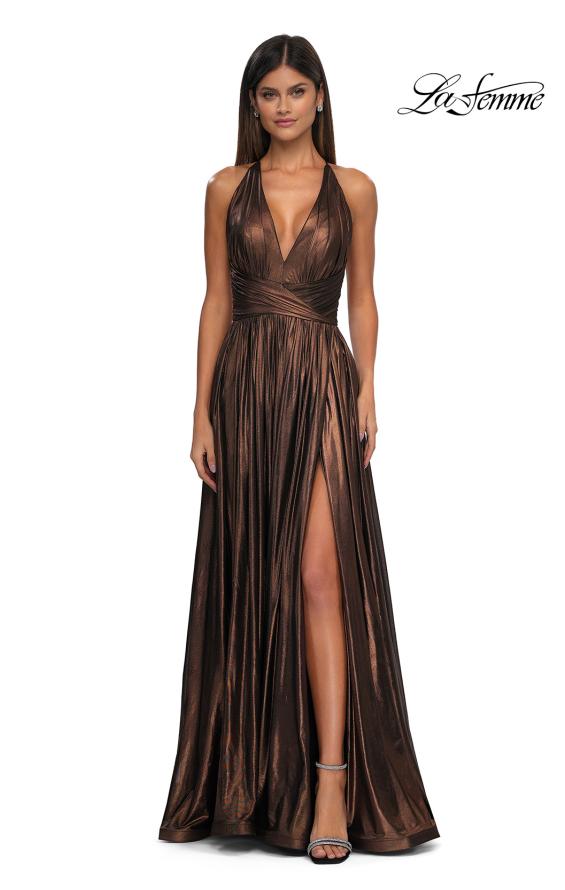 Picture of: A-line Metallic Net Jersey Halter Gown with High Slit in Bronze , Style: 32917, Detail Picture 5