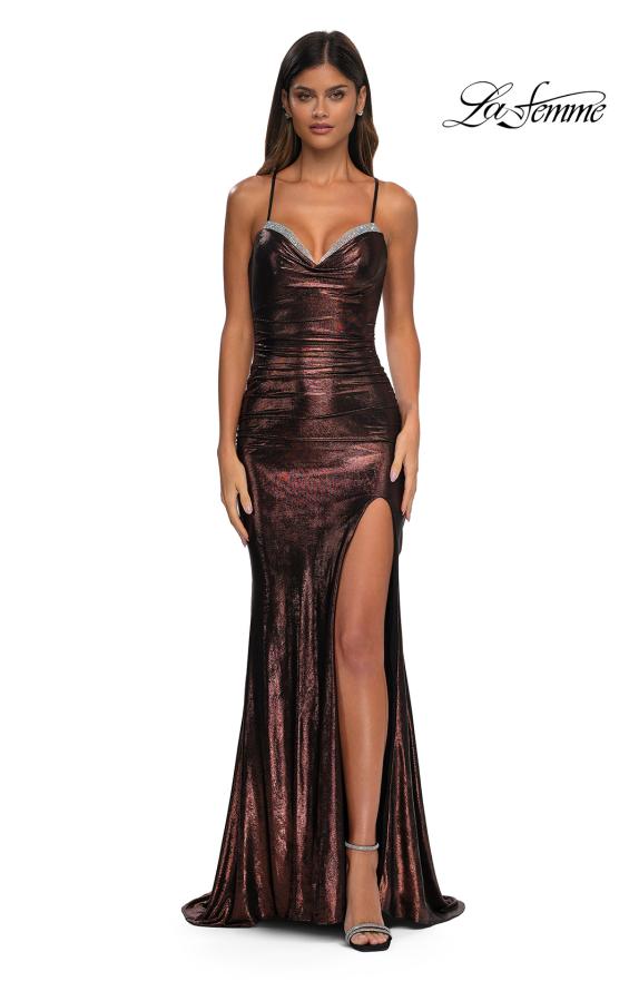 Picture of: Long Metallic Prom Dress with Ruching and Rhinestone Draped Neckline in Bronze , Style: 33032, Detail Picture 5