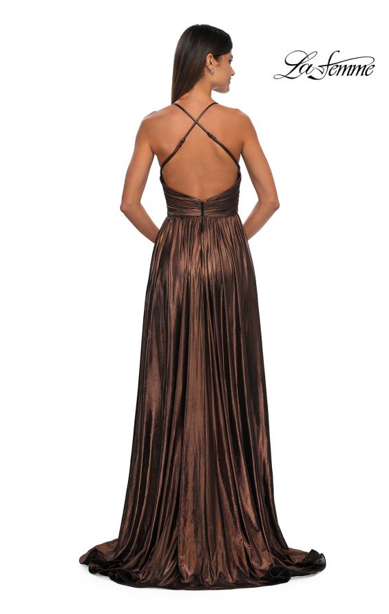 Picture of: A-line Metallic Net Jersey Halter Gown with High Slit in Bronze , Style: 32917, Detail Picture 6