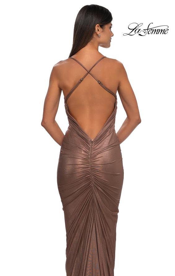 Picture of: Ruched Long Metallic Gown with Low Back and Criss Cross Straps in Bronze , Style: 32973, Detail Picture 6