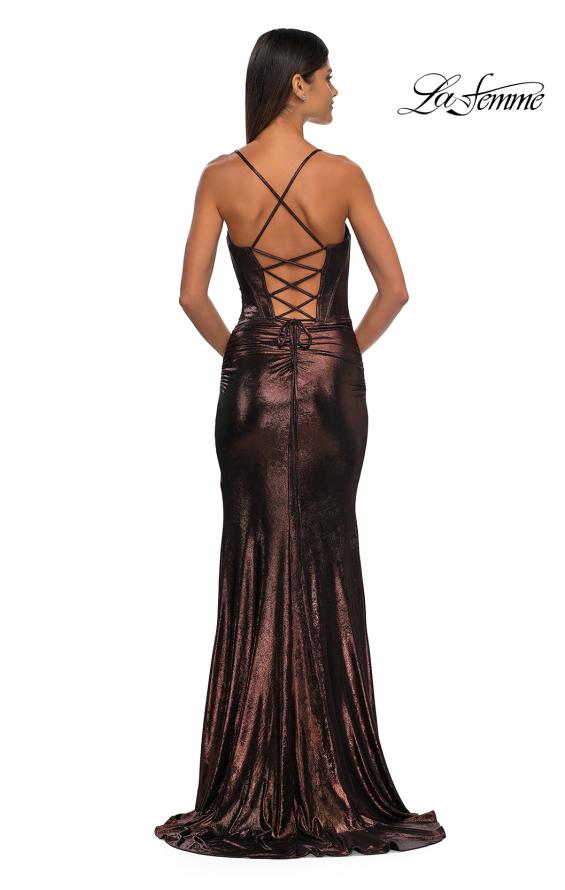 Picture of: Long Metallic Prom Dress with Ruching and Rhinestone Draped Neckline in Bronze , Style: 33032, Detail Picture 6