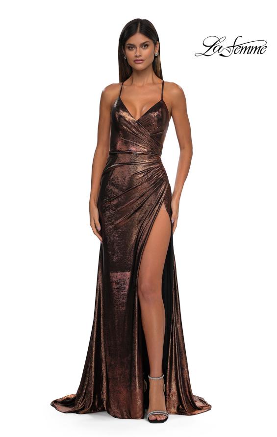 Picture of: Metallic Jersey Dress with Side Ruching and High Slit in Bronze, Style: 32884, Detail Picture 7