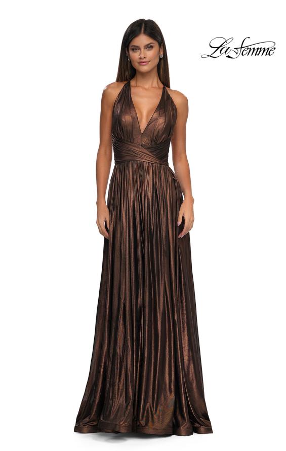 Picture of: A-line Metallic Net Jersey Halter Gown with High Slit in Bronze , Style: 32917, Detail Picture 7