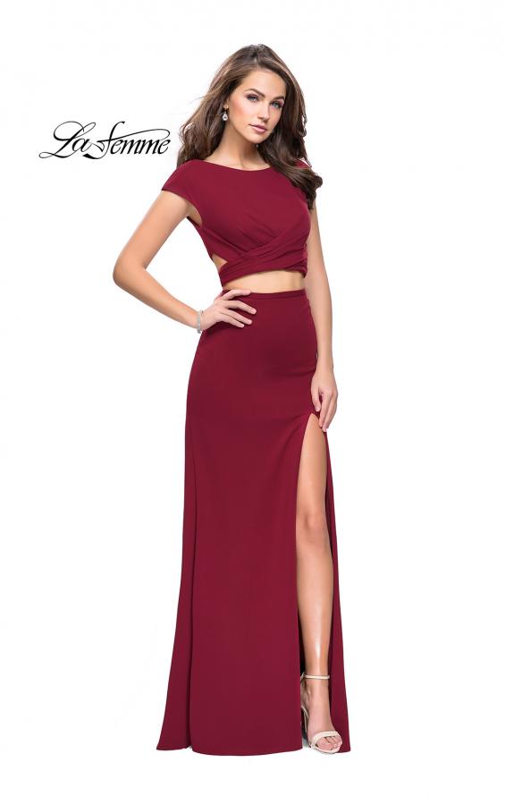 Picture of: Two Piece Wrap Jersey Prom Dress with Short Sleeves in Burgundy, Style: 25815, Detail Picture 3