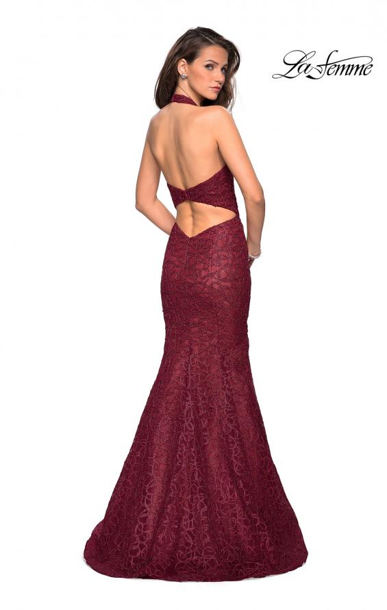 Picture of: Metallic Lace Halter Long Prom Dress with Open Back in Burgundy, Style: 27228, Detail Picture 4