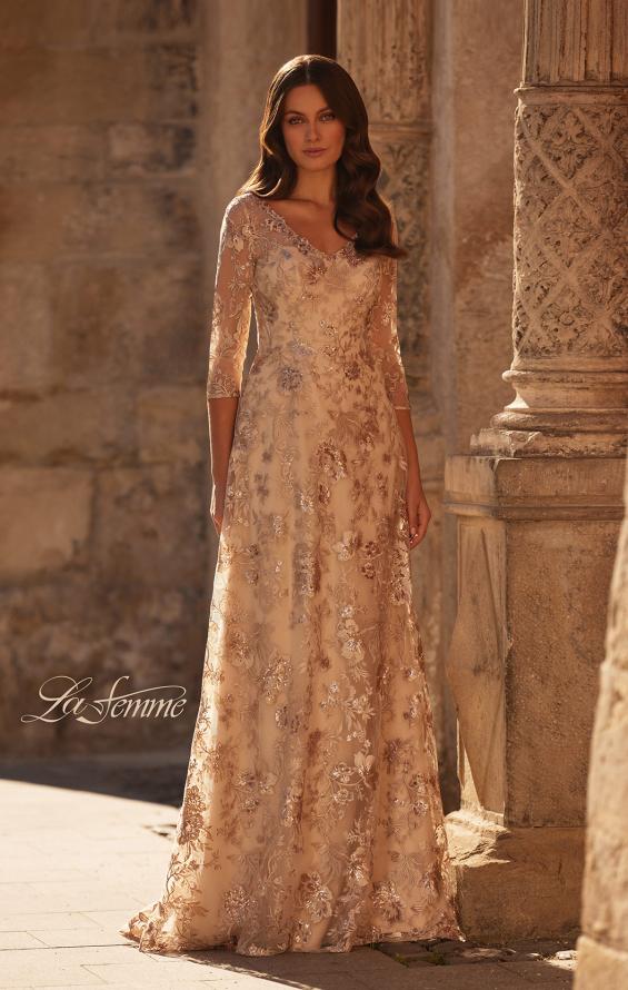 Picture of: Beautiful Lace Mother of the Bride Gown with V Neckline in Champagne, Style: 30803, Main Picture