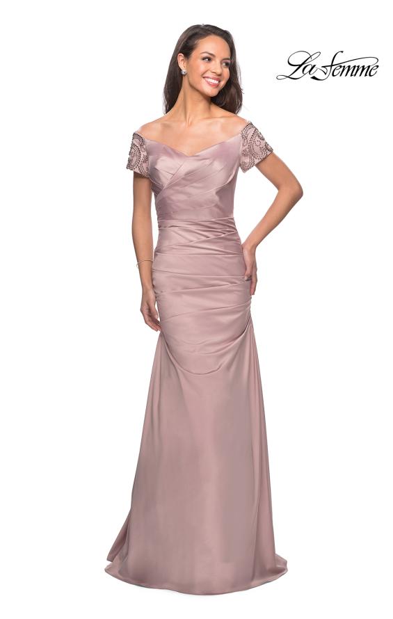 Picture of: Satin Off the Shoulder Dress with Beaded Sleeves, Style: 25996, Detail Picture 8