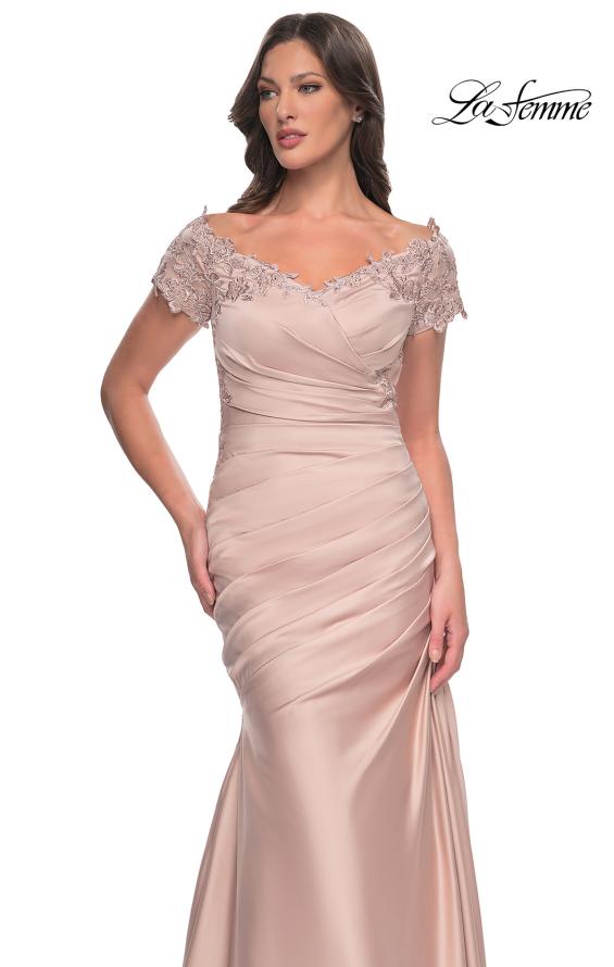 Picture of: Off the Shoulder Satin and Lace Mermaid Pleated Gown, Style: 30199, Detail Picture 12