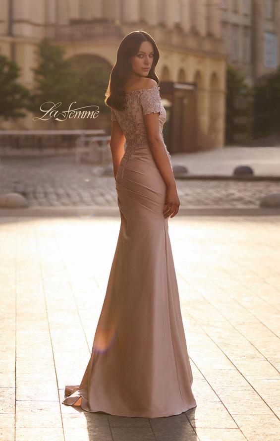 Picture of: Off the Shoulder Satin and Lace Mermaid Pleated Gown, Style: 30199, Back Picture