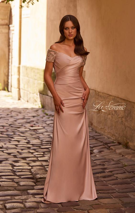 Picture of: Satin Off the Shoulder Dress with Beaded Sleeves, Style: 25996, Main Picture