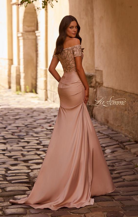 Picture of: Satin Off the Shoulder Dress with Beaded Sleeves, Style: 25996, Back Picture