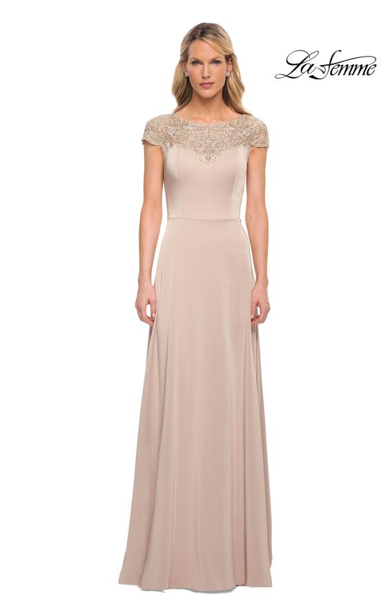 Picture of: Jersey Gown with Full Skirt and Lace Detail Top, Style: 29511, Detail Picture 3