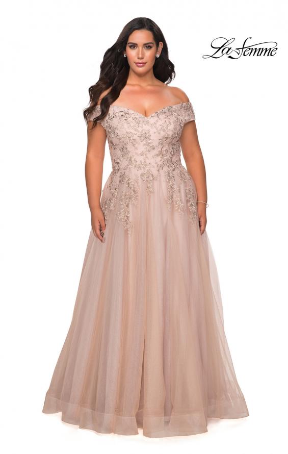 Picture of: Off The Shoulder Tulle Plus Size Gown with Lace in Champagne, Style: 28950, Detail Picture 4