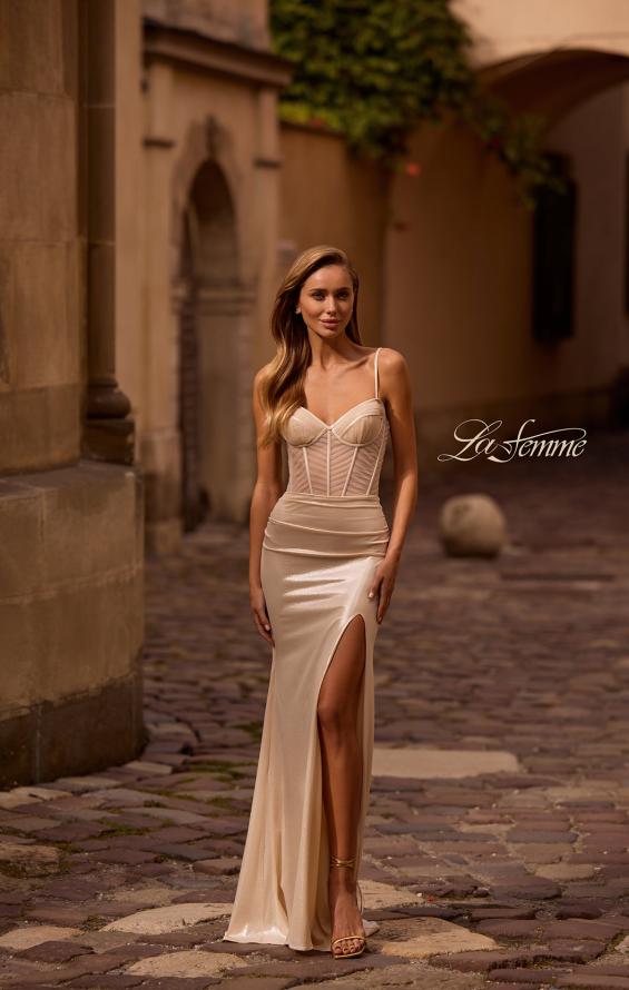 Picture of: Stunning Metallic Pastel Prom Dress with Intricate Ruched Corset Top in Champagne , Style: 32951, Detail Picture 3