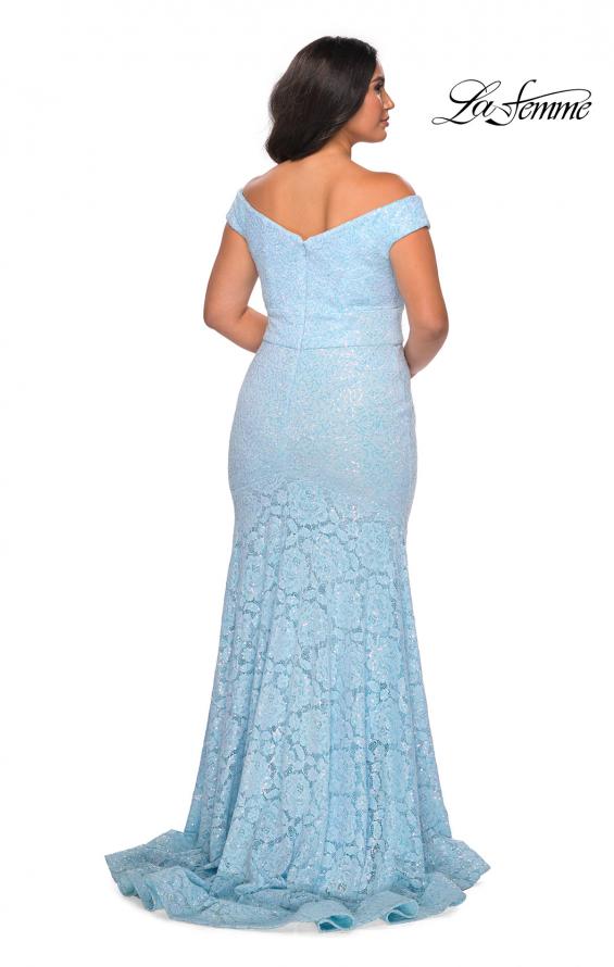 Picture of: Off the Shoulder Lace Plus Dress with Defined Waist in Cloud Blue, Style: 28883, Back Picture