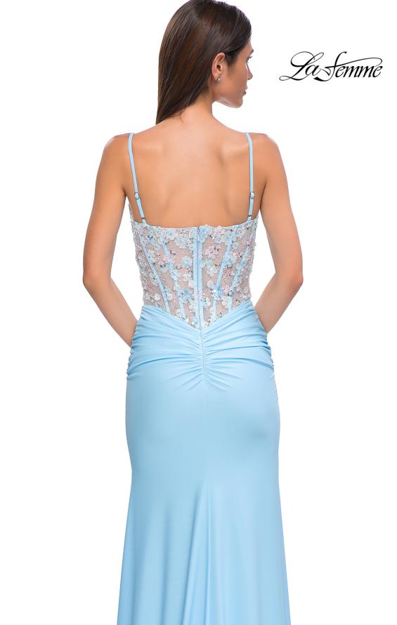 Picture of: Unique Floral Lace Top with Jersey Skirt Prom Dress in Cloud Blue, Style 32957, Detail Picture 8