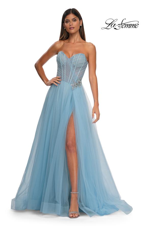 Picture of: Strapless A-line Tulle Dress with Floral Waist Detail in Cloud Blue, Style: 32789, Detail Picture 11