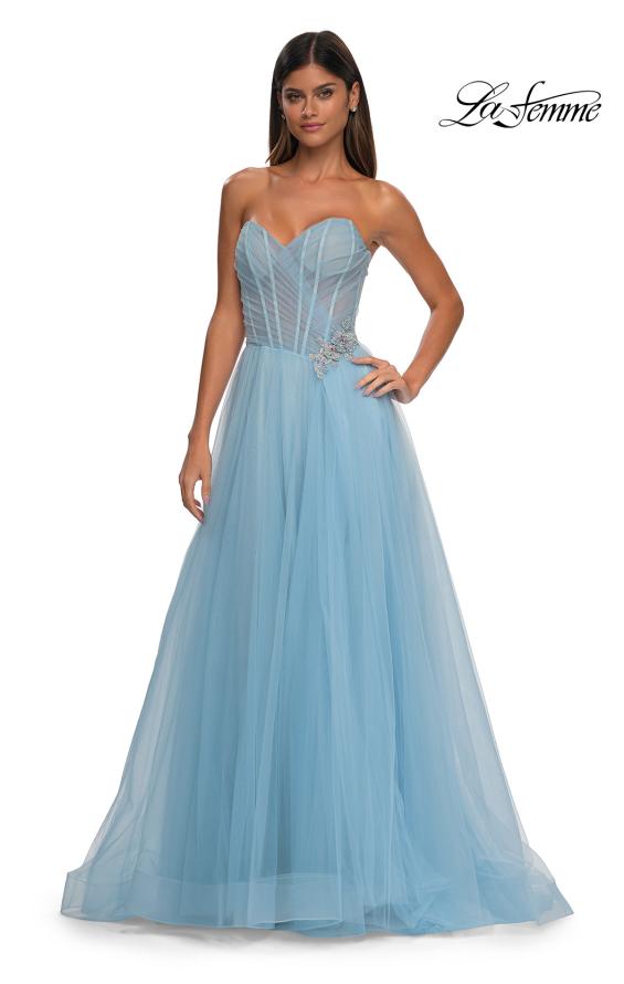 Picture of: Strapless A-line Tulle Dress with Floral Waist Detail in Cloud Blue, Style: 32789, Detail Picture 13