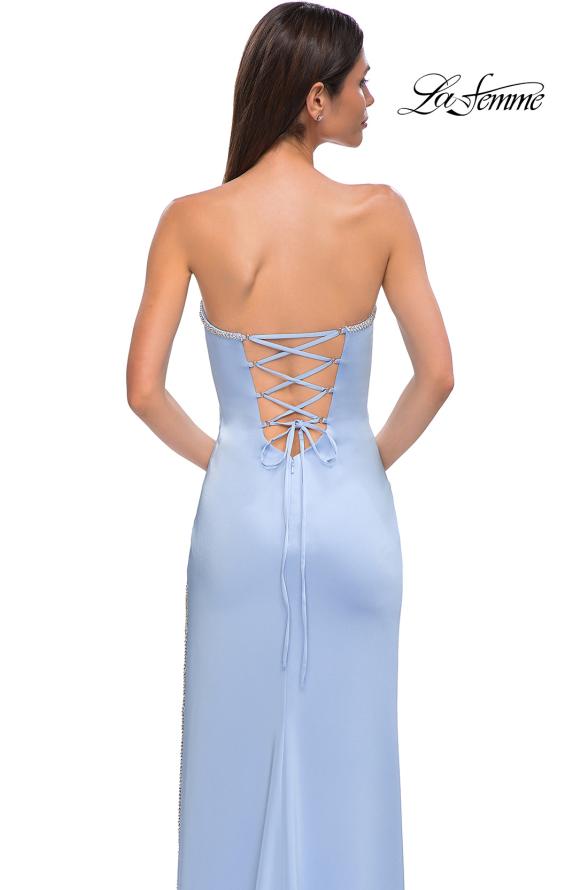 Picture of: Fitted Strapless Dress with Rhinestone Embellished Neckline and Slit in Cloud Blue, Style 32799, Detail Picture 15