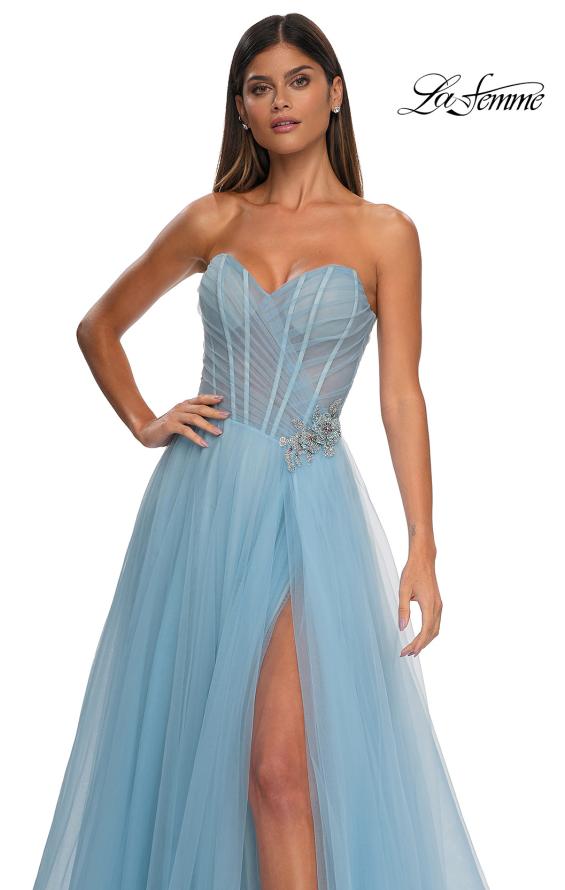 Picture of: Strapless A-line Tulle Dress with Floral Waist Detail in Cloud Blue, Style: 32789, Detail Picture 22