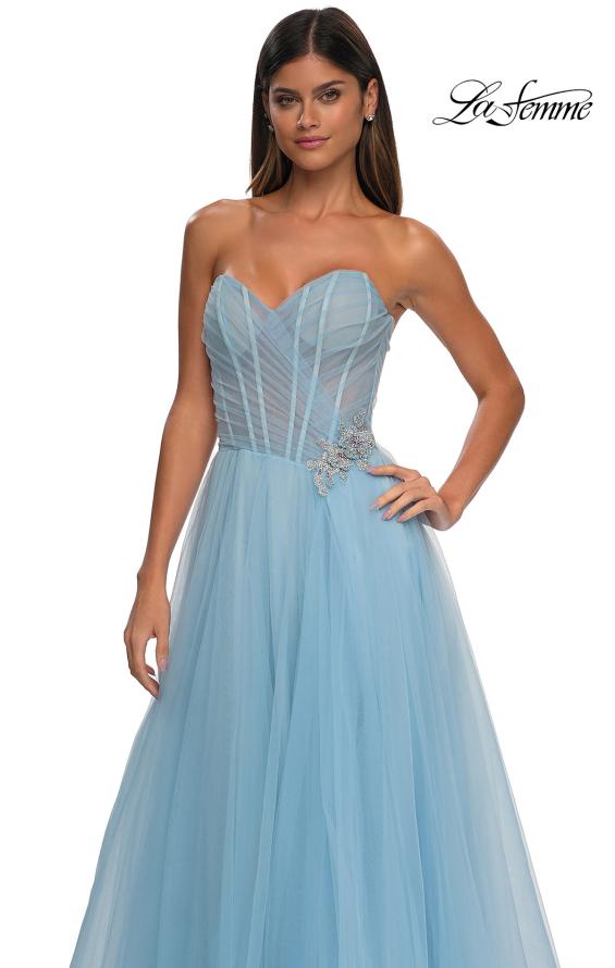 Picture of: Strapless A-line Tulle Dress with Floral Waist Detail in Cloud Blue, Style: 32789, Detail Picture 24