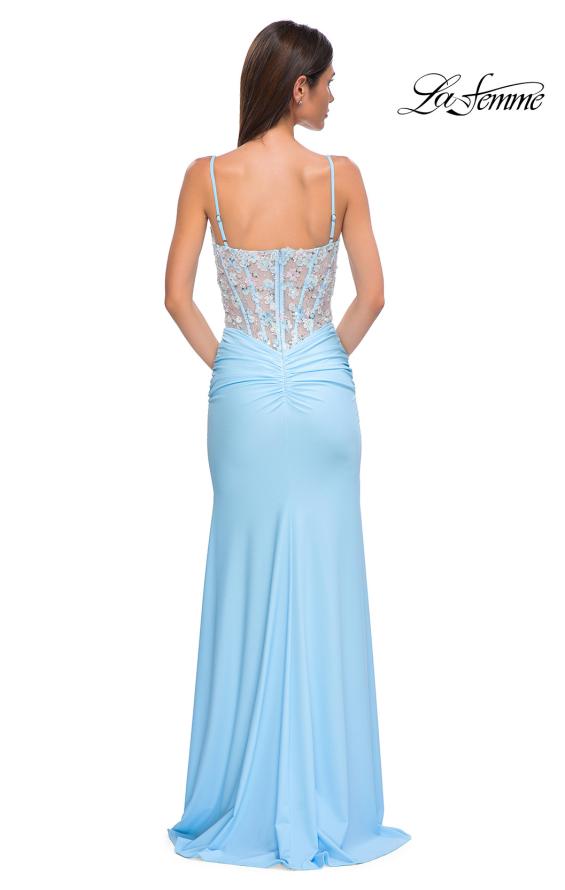 Picture of: Unique Floral Lace Top with Jersey Skirt Prom Dress in Cloud Blue, Style 32957, Detail Picture 6