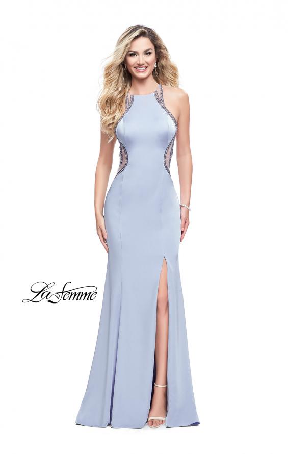 Picture of: Sheer Beaded Prom Dress with High Neck and Cut Outs in Cloud Blue, Style: 26060, Detail Picture 3