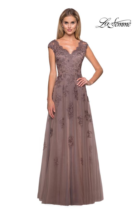 Picture of: Short Sleeve Lace Gown with Cascading Embellishments, Style: 26942, Detail Picture 12