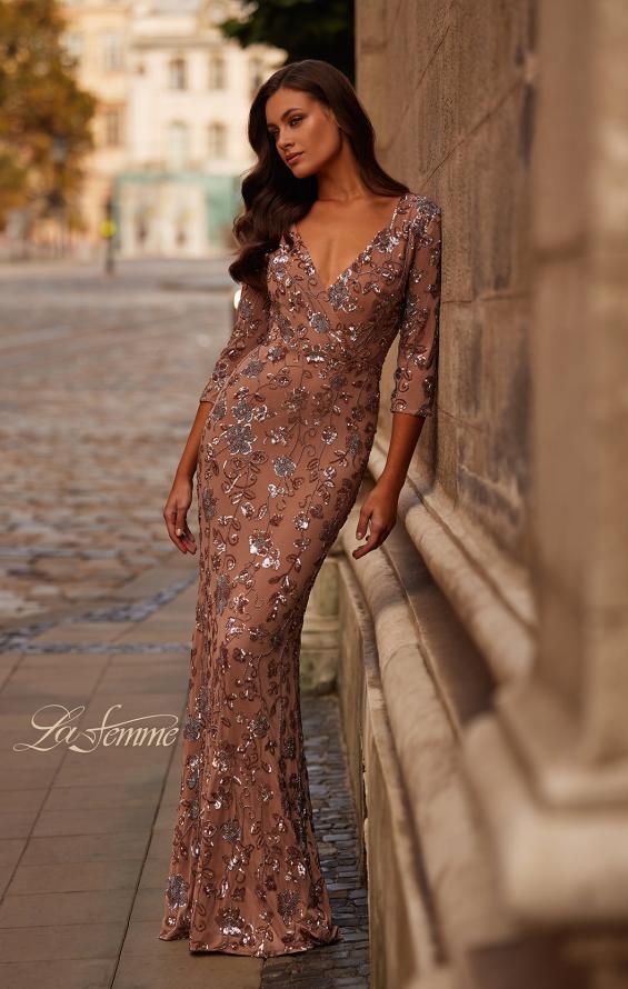 Picture of: Beaded Fitted Gown with a Stretch Fabric and V Neckline in Cocoa, Style: 32613, Detail Picture 1