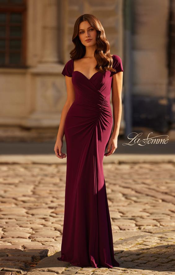 Picture of: Jersey Evening Dress with Cap Sleeves and Ruching in Dark Berry, Style: 30874, Detail Picture 1