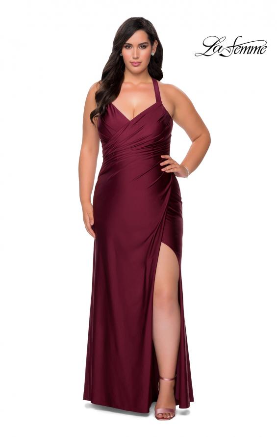 Picture of: Chic Jersey Plus Size Gown with Strappy Back in Burgundy, Style: 29062, Detail Picture 1