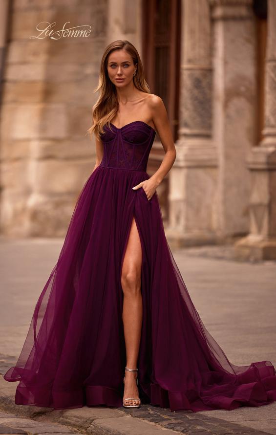 Picture of: A-line Tulle Gown with Lace Corset Bodice and Slit in Dark Berry, Style: 32579, Main Picture