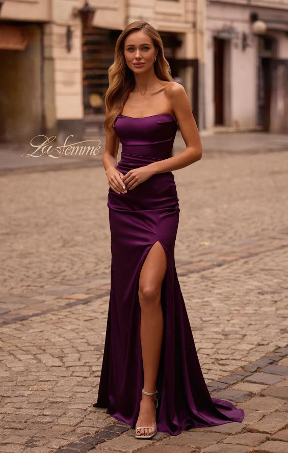 Picture of: Strapless Satin Evening Dress with Ruching and Lace Up Back in Dark Berry, Style: 32952, Main Picture