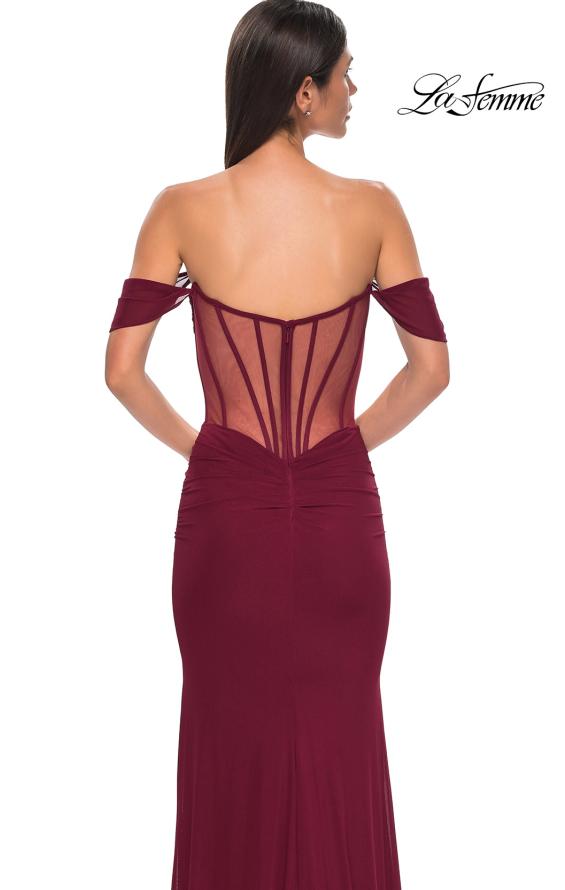 Picture of: Simple Off the Shoulder Net Jersey Dress with Sheer Waist in Dark Berry, Style 32684, Detail Picture 8