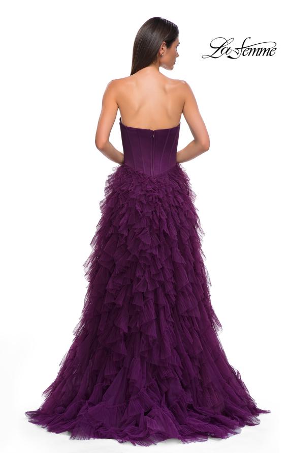 Picture of: Prom Dress with Tulle Ruffle Skirt and Satin Corset Top in Dark Berry, Style 32760, Detail Picture 8