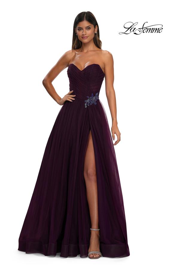 Picture of: Strapless A-line Tulle Dress with Floral Waist Detail in Dark Berry, Style: 32789, Detail Picture 8