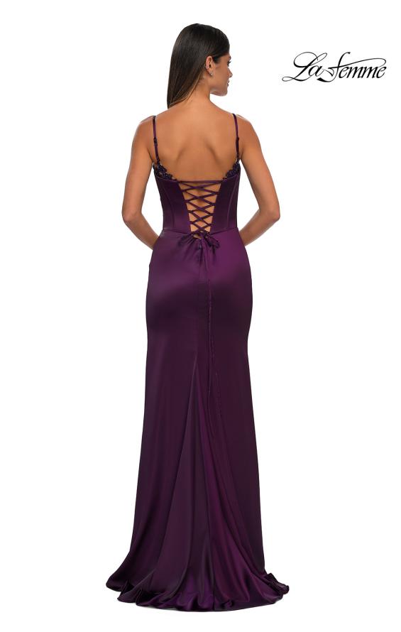 Picture of: Fitted Satin Gown with Exposed Boning and Lace Detail Neckline in Dark Berry, Style: 32955, Detail Picture 8