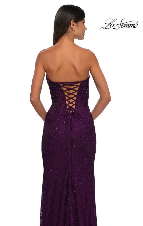 Picture of: Long Lace Prom Dress with Rhinestones and Lace Up Back in Dark Berry, Style: 33069, Detail Picture 8