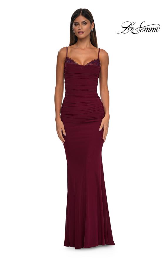 Picture of: Net Jersey Prom Dress with Lace Neckline Detail in Dark Berry, Style: 32357, Detail Picture 9