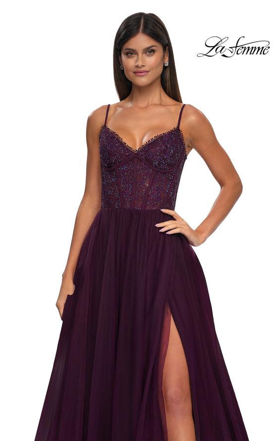 Picture of: Beautiful A-line Tulle Dress with Eyelet Neckline and Lace Top in Dark Berry, Style: 32594, Detail Picture 9