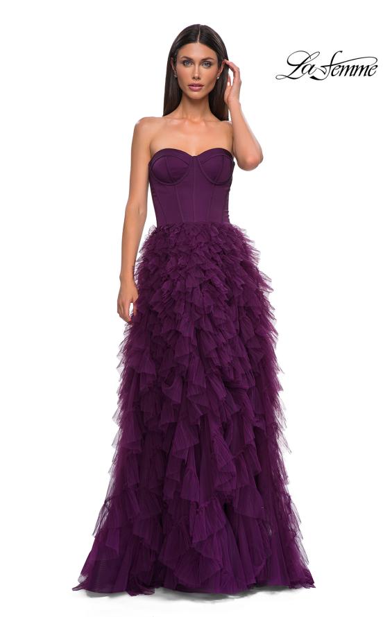 Picture of: Prom Dress with Tulle Ruffle Skirt and Satin Corset Top in Dark Berry, Style 32760, Detail Picture 9