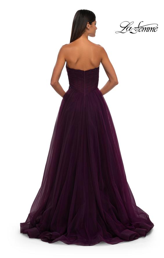 Picture of: Strapless A-line Tulle Dress with Floral Waist Detail in Dark Berry, Style: 32789, Detail Picture 9