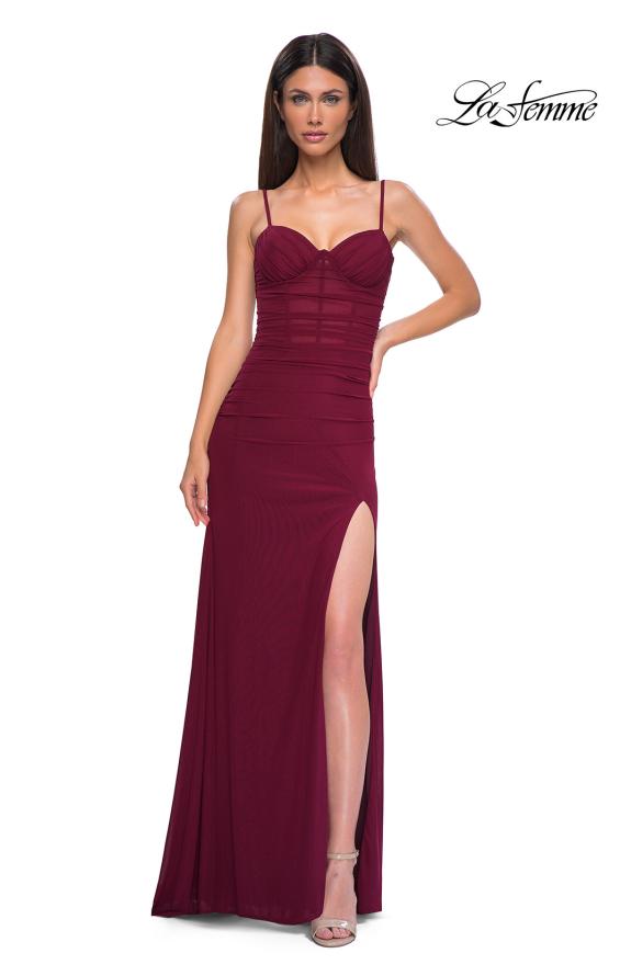 Picture of: Net Jersey Simple Prom Dress with Ruching and Corset Top in Dark Berry, Style 32925, Detail Picture 9