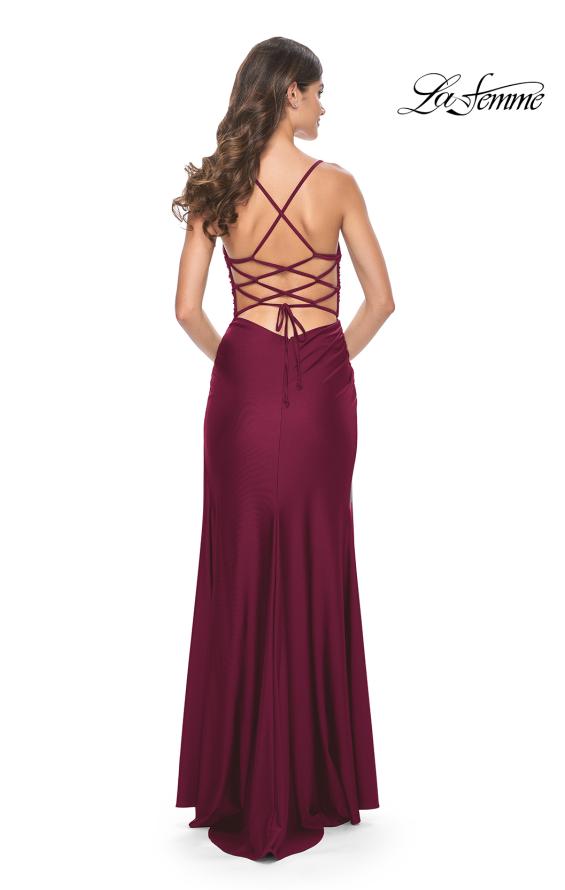 Picture of: Jersey Dress with Ruched Waist and Lace Up Back in Dark Berry, Style: 31987, Detail Picture 10