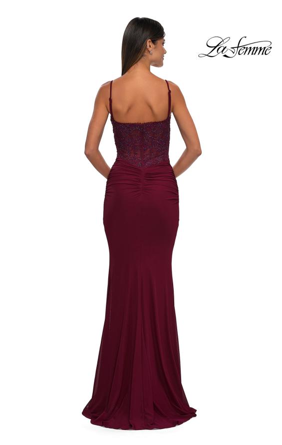 Picture of: Net Jersey Prom Dress with Lace Neckline Detail in Dark Berry, Style: 32357, Detail Picture 10