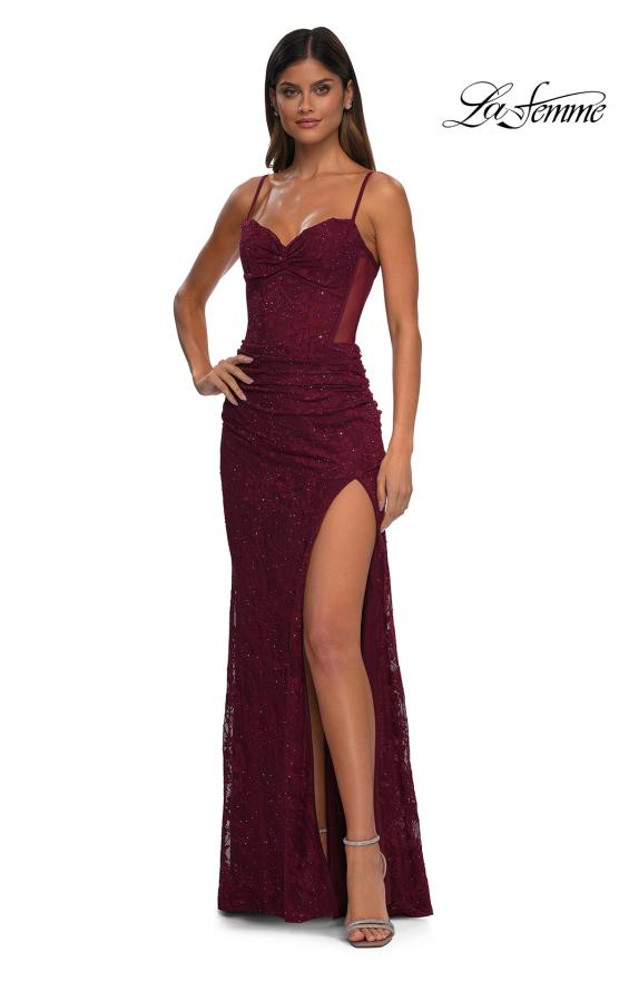 Picture of: Stretch Lace Prom Dress with Illusion Back and Sides in Dark Berry, Style: 32529, Detail Picture 10