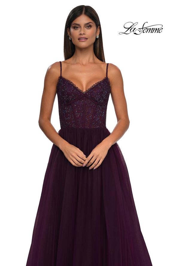 Picture of: Beautiful A-line Tulle Dress with Eyelet Neckline and Lace Top in Dark Berry, Style: 32594, Detail Picture 10